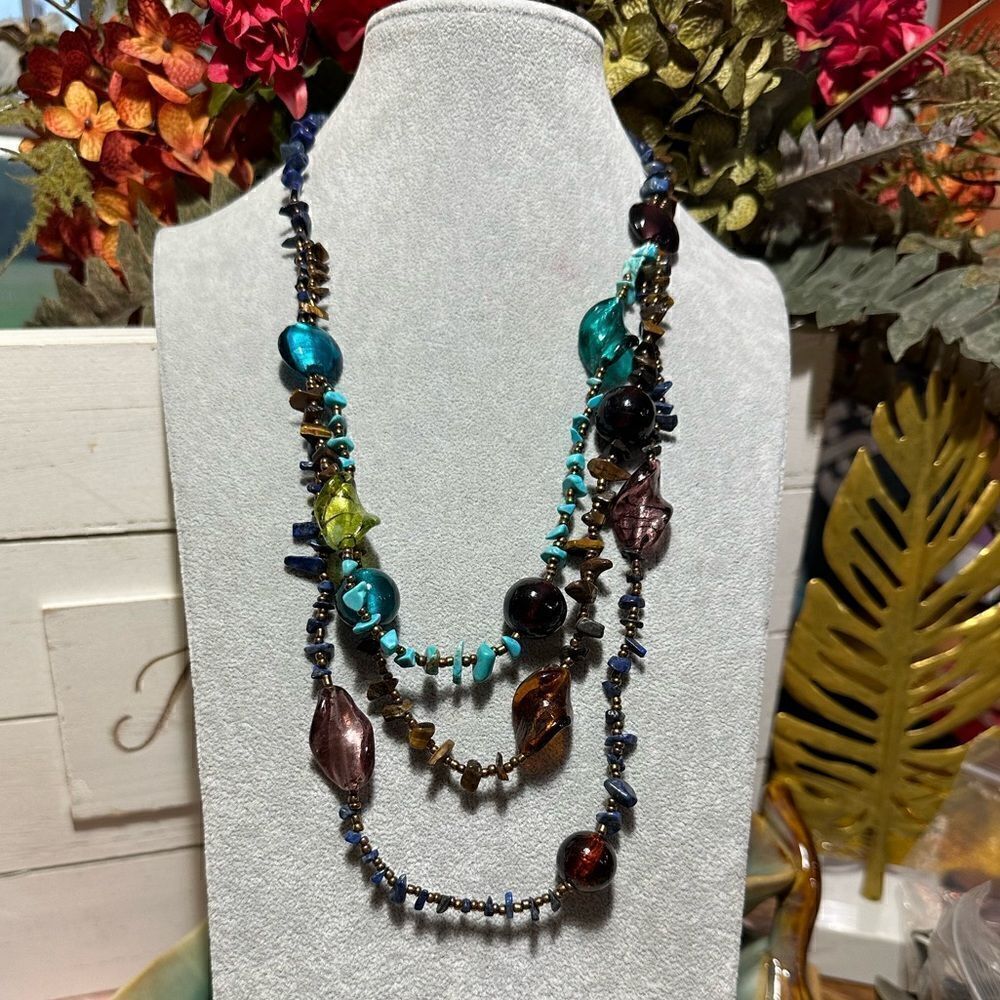Handcrafted Triple Strand Genuine Gemstone & Lampwork Bead Multi Color Necklace